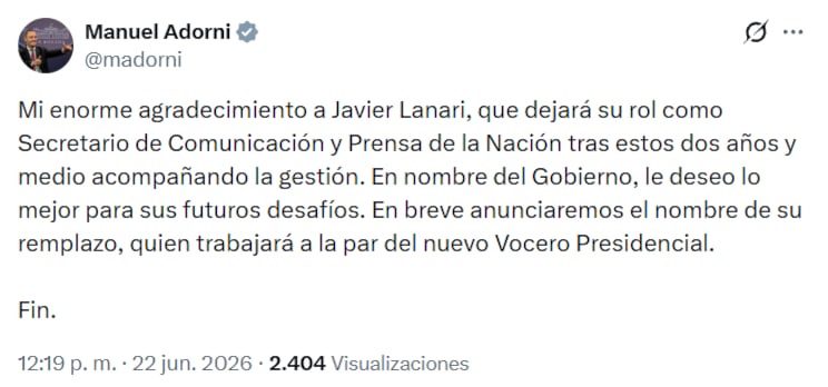 El posteo de Adorni
