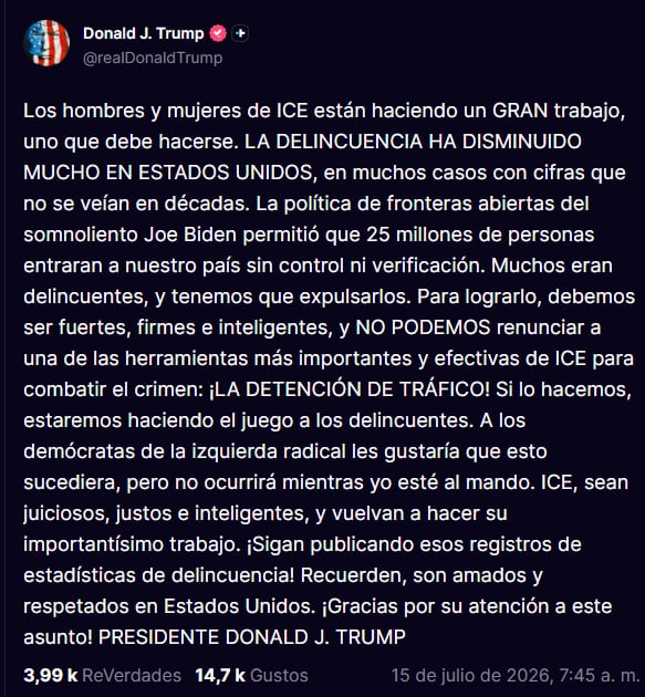 El mensaje de Donald Trump donde pidió que se reanuden los controles vehiculares del ICE