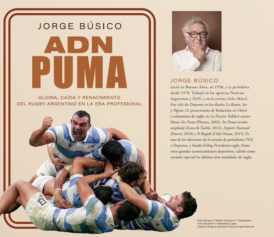 La tapa del libro de Jorge Búsico, ADN Puma. Gloria, caída y renacimiento del rugby argentino en la era profesional