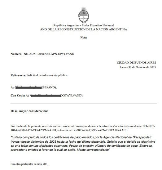 Respuesta del pedido de acceso a la información pública que contiene los certificados de pago autorizados por Andis