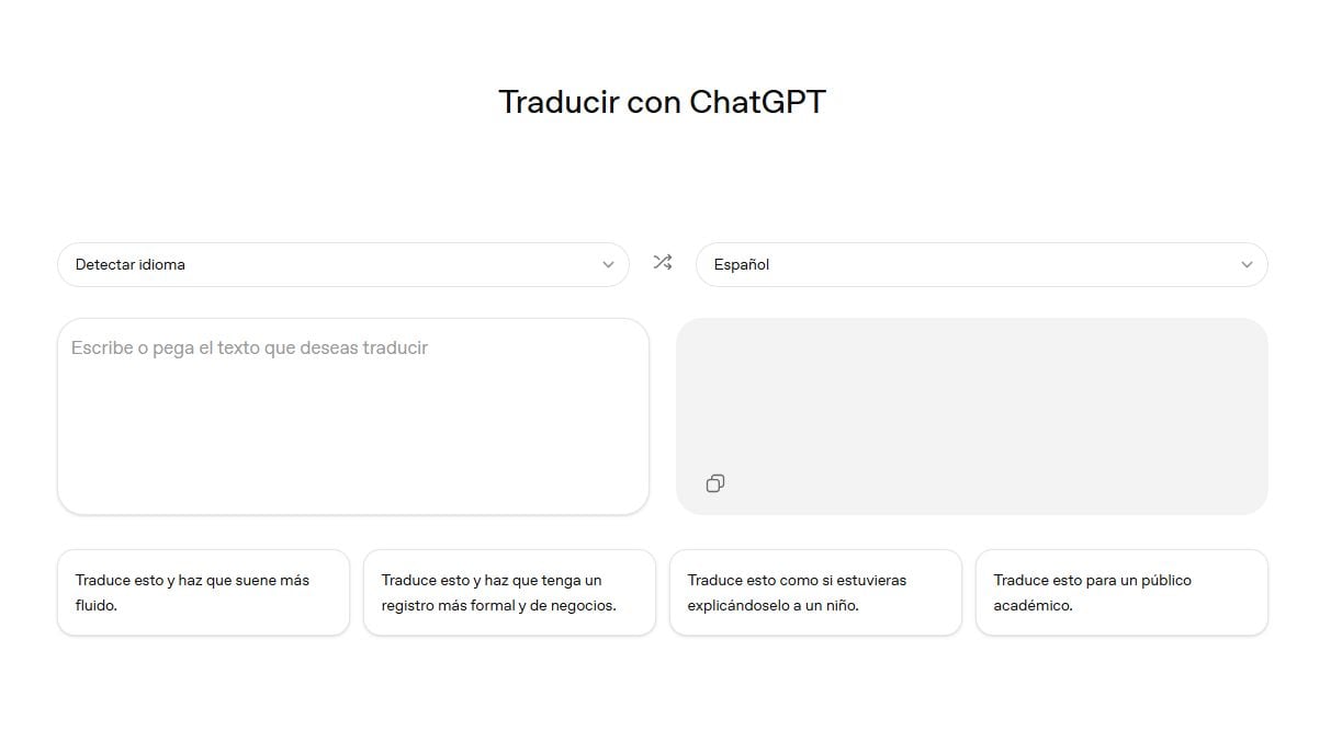 La interfaz de ChatGPT Translate