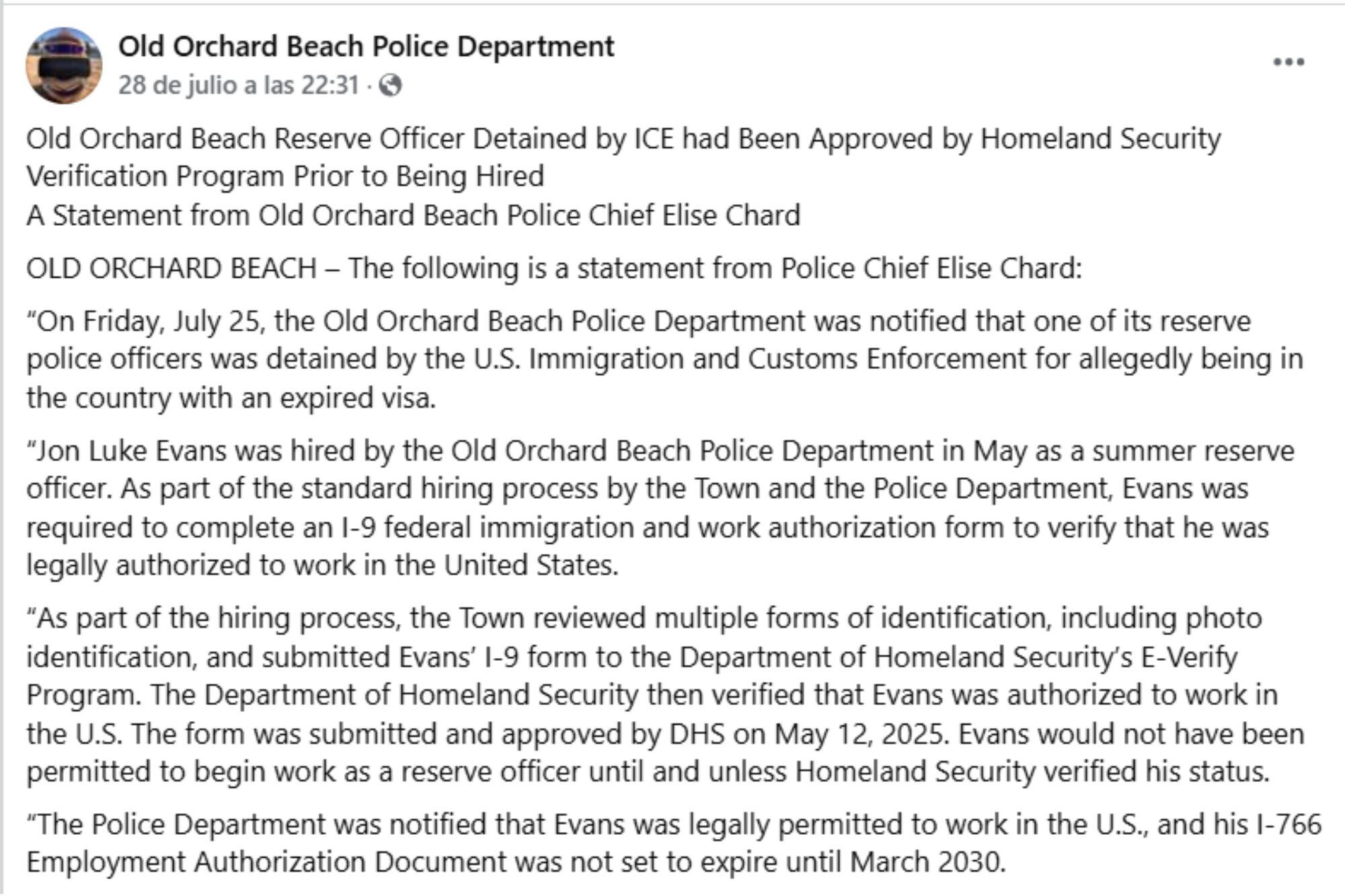 El comunicado de las autoridades luego de que el ICE detuviera a un policía