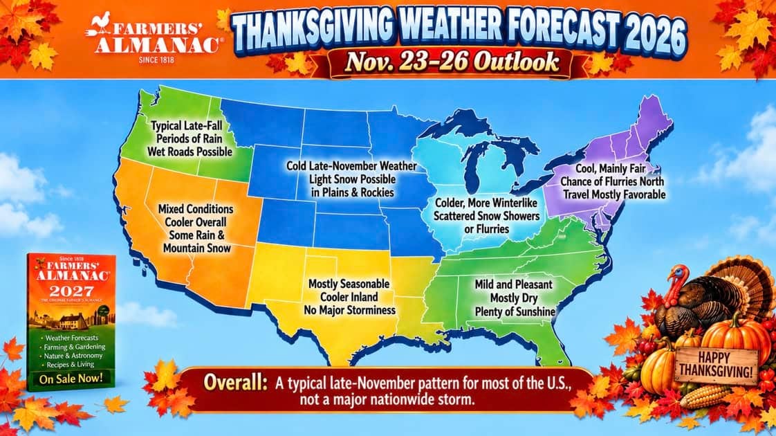 California podría tener lluvias en el norte, mientras que Florida presenta perspectivas de tiempo templado y mayormente seco según Farmers’ Almanac