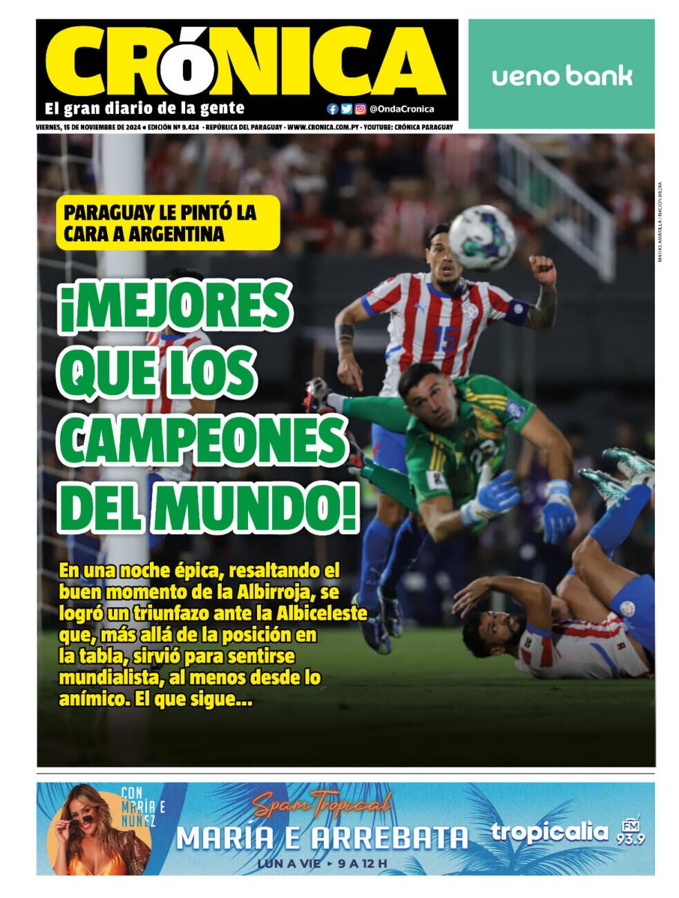 Portada del diario Crónica, de Paraguay, tras la derrota de la selección argentina