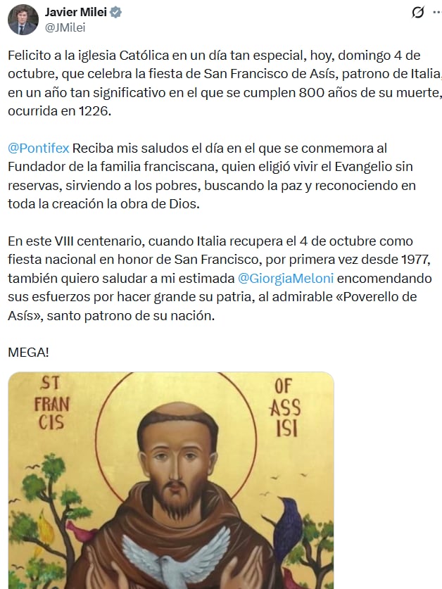 El posteo de Milei dedicado a la Iglesia