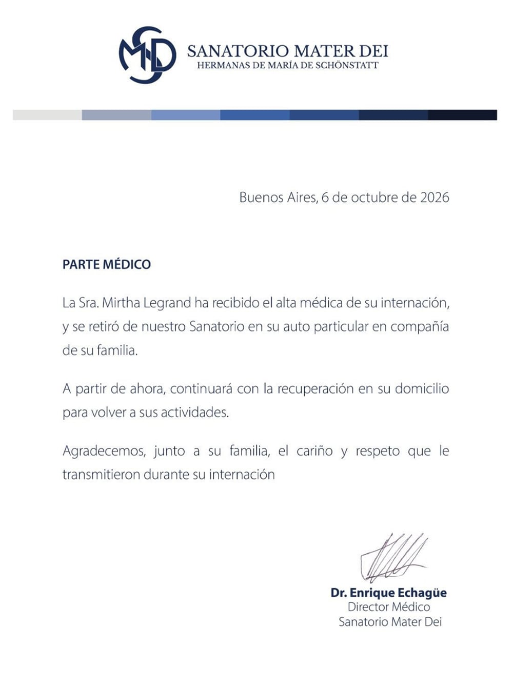 El sanatorio Mater Dei confirmó el alta de Mirtha Legrand el martes 6 de octubre
