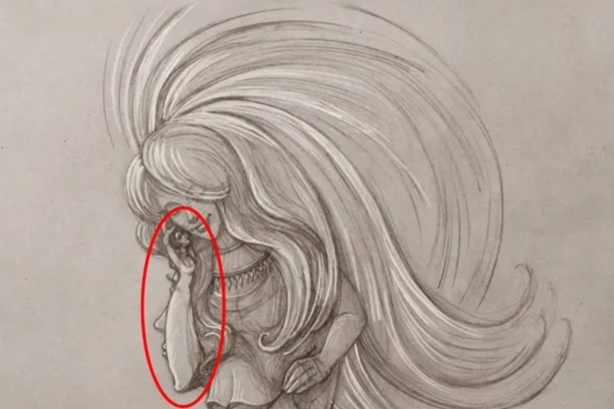 Debajo del rostro de la figura principal aparece la silueta de otra mujer; a su vez, se puede observar el perfil de la tercera