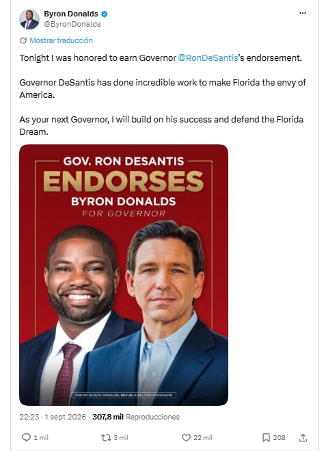Byron Donalds agradeció el respaldo del actual gobernador Ron DeSantis de cara a las elecciones a la gobernación del próximo 3 de noviembre