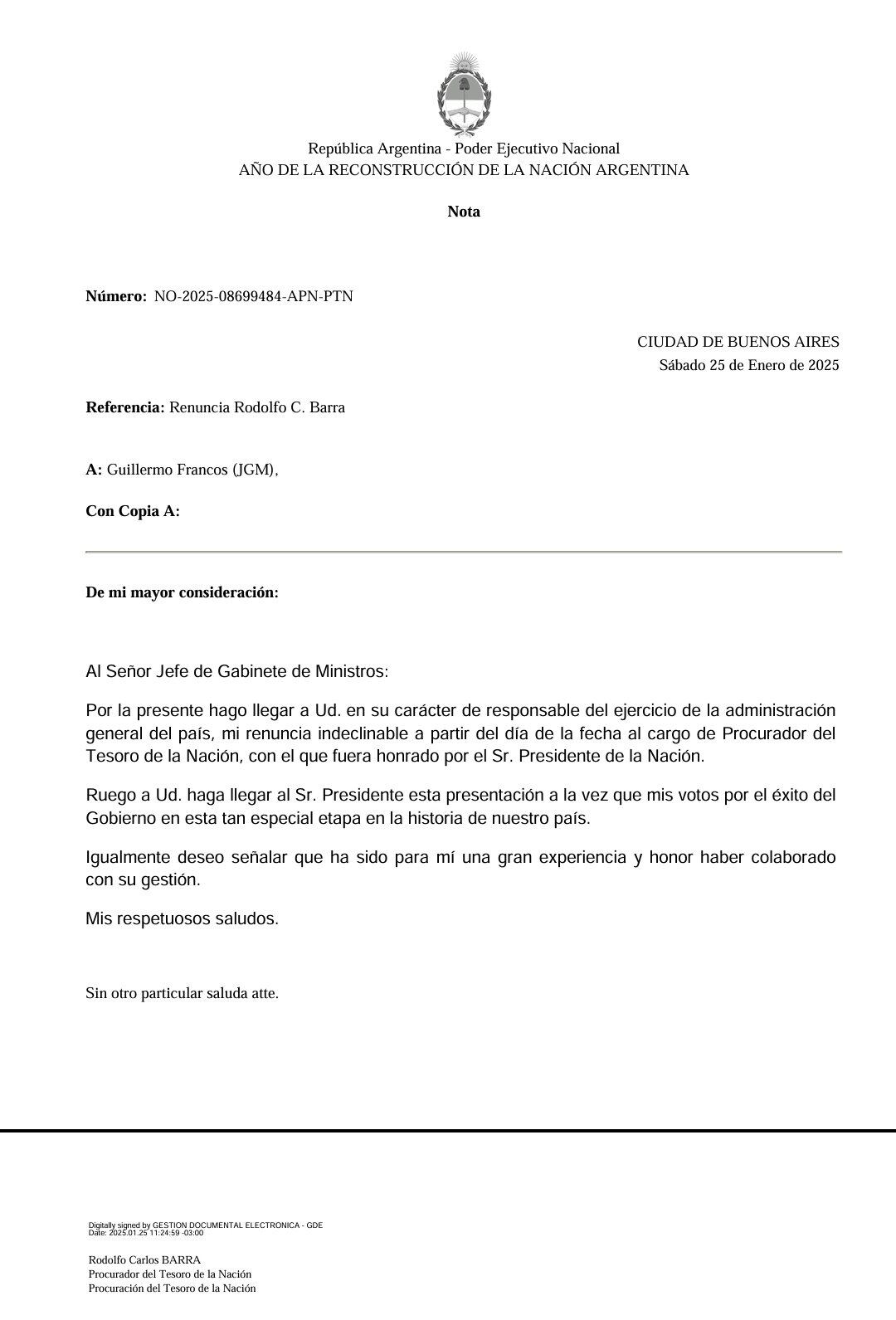 La renuncia de Barra