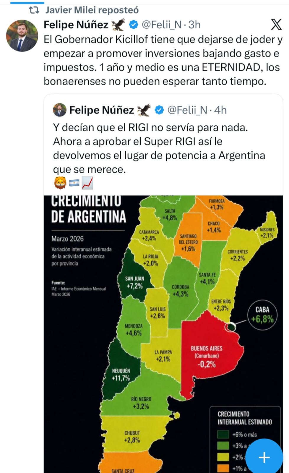 El mapa sin Tucumán que compartió Milei