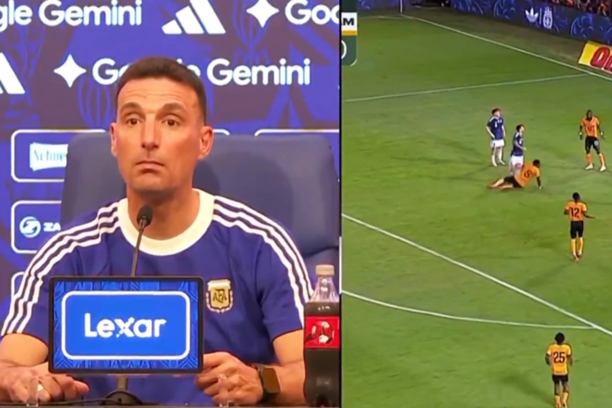 La expresión de sorpresa de Scaloni en pleno momento de cuestionamiento de un intruso en la conferencia de prensa.