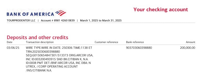 El 6 de ese mes, Arcor transfirió US$ 200.000 a una cuenta de TourProdEnter en el Bank of America
