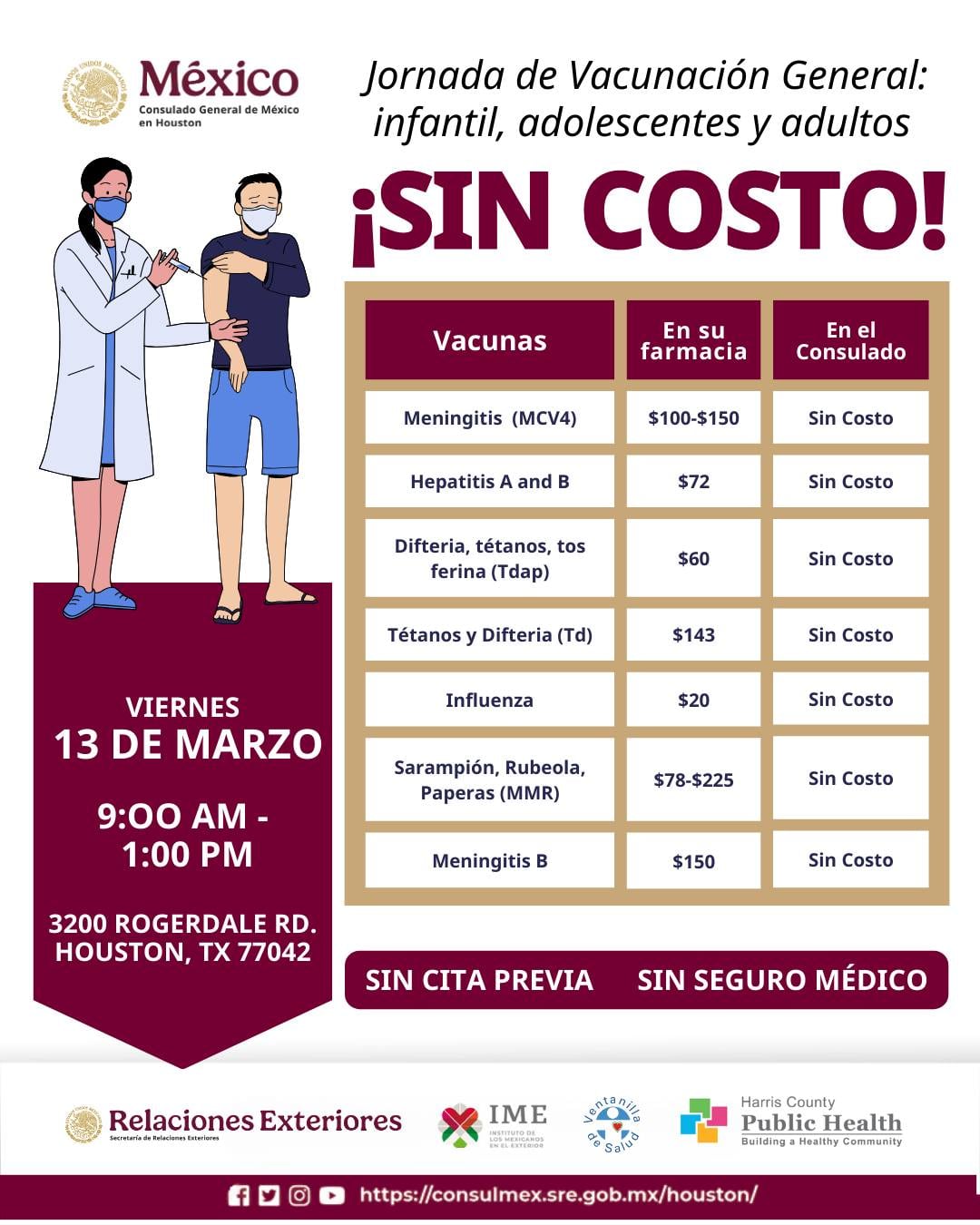 Las vacunas suelen ser costosas, pero en el Consulado de Houston se aplicarán de forma gratuita (Instagram/@consulmexhouston)