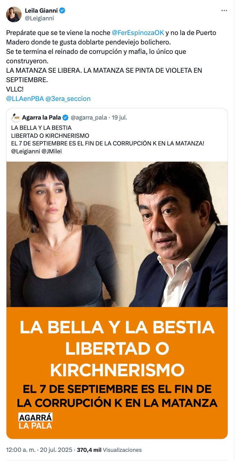 El tuit de Leila Gianni contra Fernando Espinoza