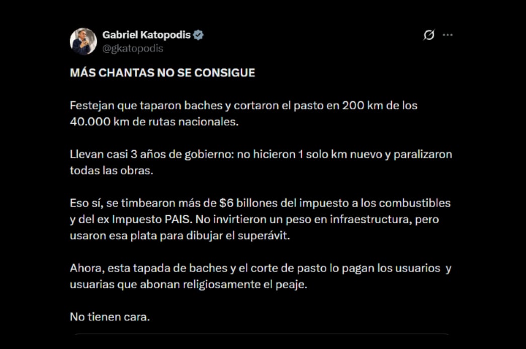 El posteo de Gabriel Katopodis sobre un tuit de la cuenta Oficina de la Respuesta Oficial la reconstrucción de rutas