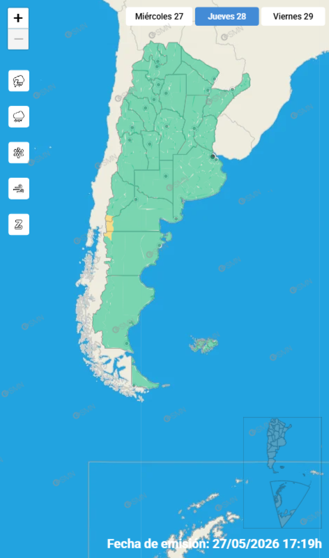 Las alertas emitidas por el SMN para este jueves 28 de mayo