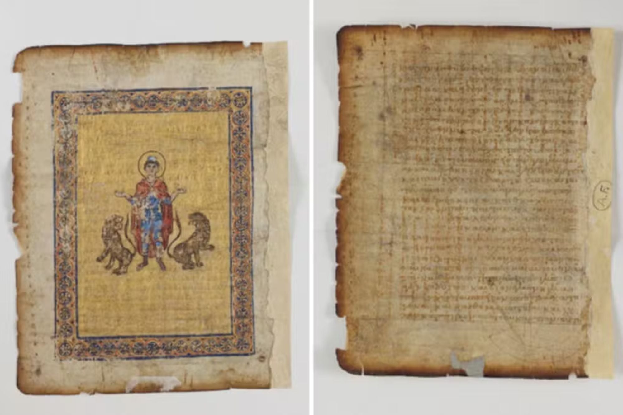 La página perdida del palimpsesto de Arquímedes, que muestra una miniatura del profeta Daniel y el reverso del folio redescubierto