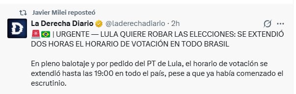 El tuit que compartió Milei