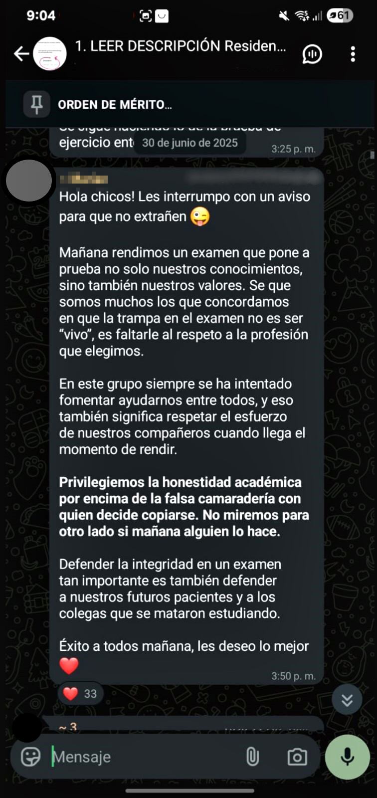 Mensaje de una médica a colegas un día antes del examen de residencias