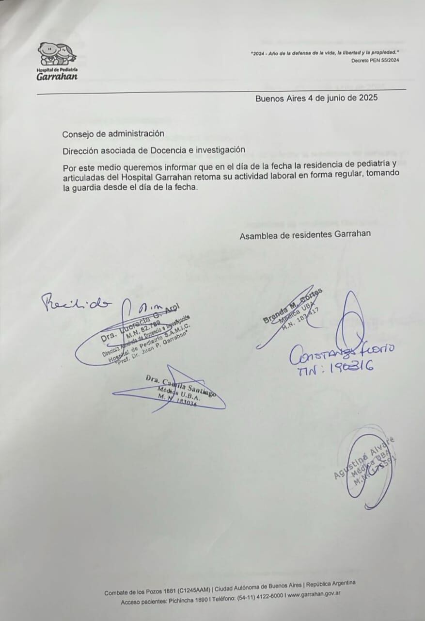 La nota presentada por la Asamblea de Residentes del Garrahan en la que informaron que retoman sus tareas