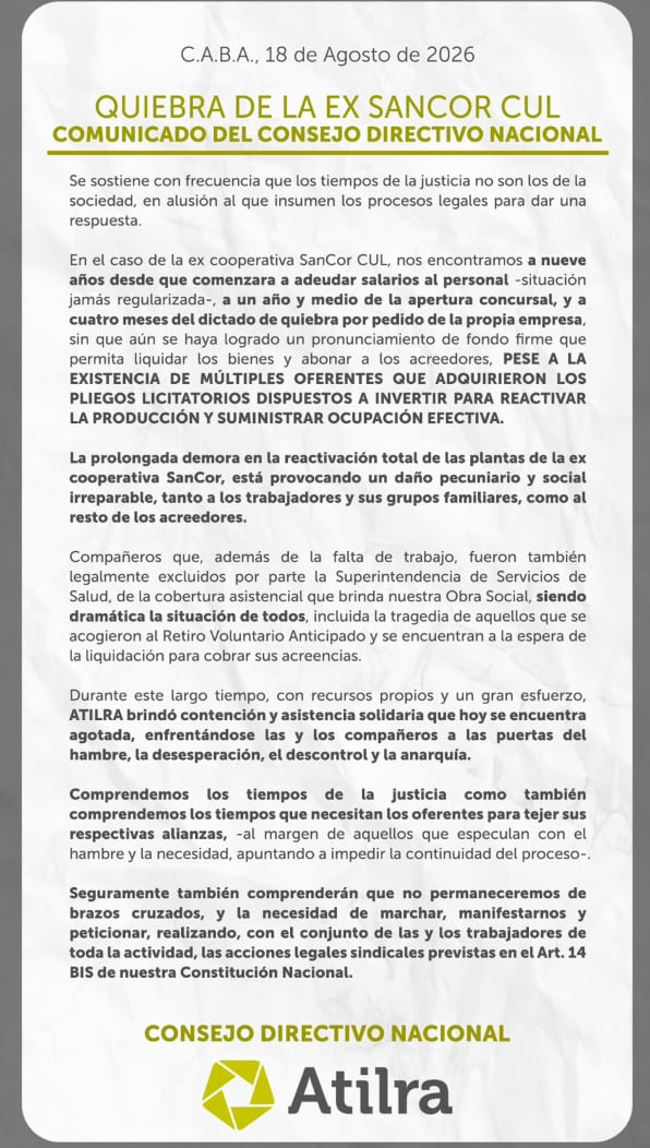 El gremio denunció que la demora en la liquidación y reactivación de las plantas genera un perjuicio económico y social