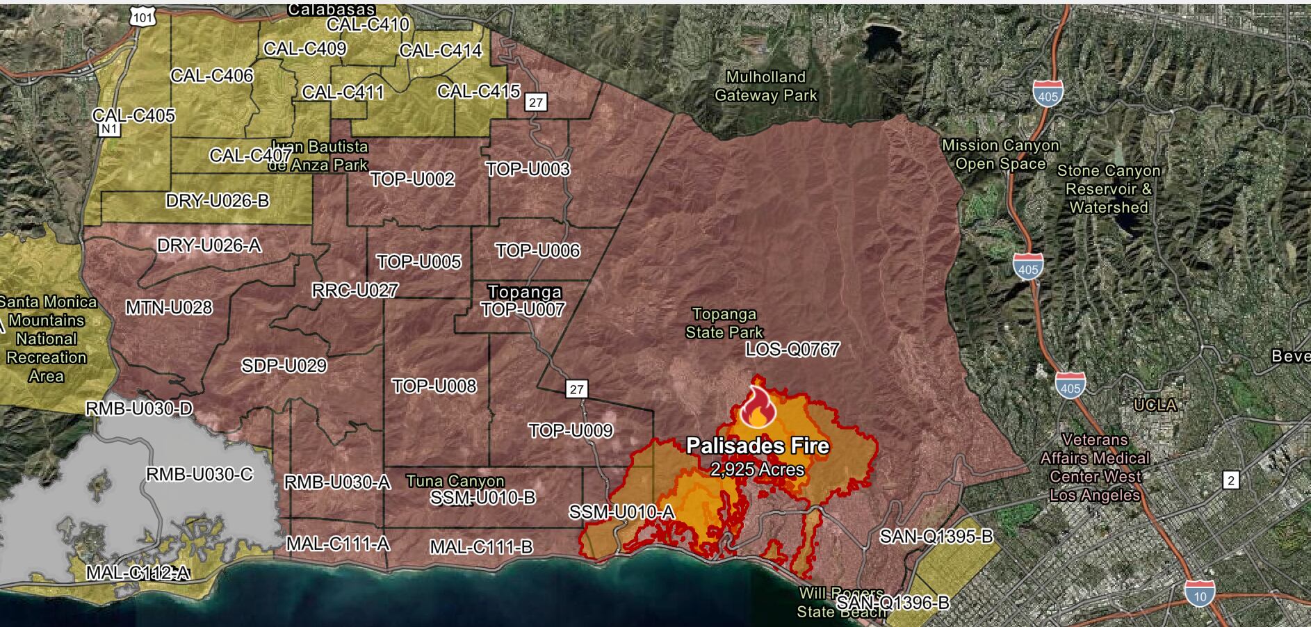 El mapa de evacuación de Palisades Fire, que afecta 1183 hectáreas, con contención nula y evacuaciones obligatorias en Topanga y Monte Nido