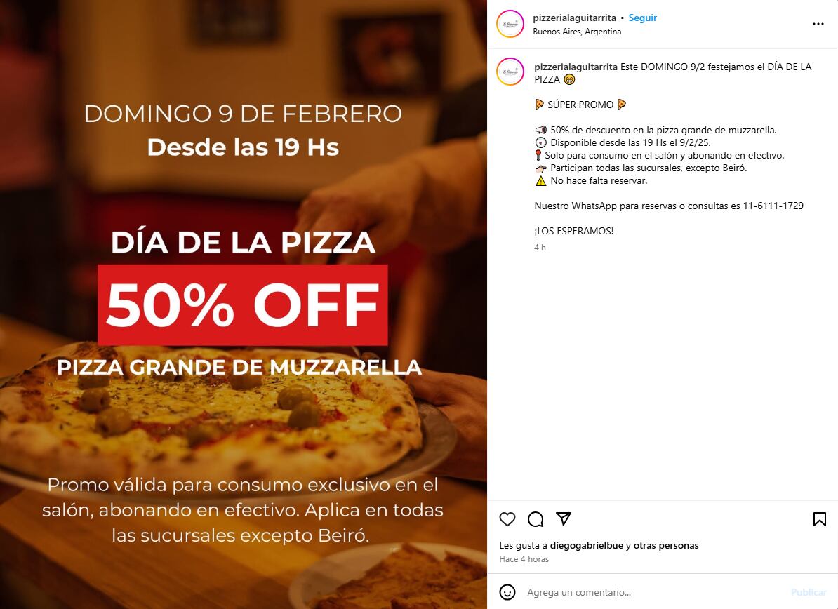 La promoción de La Guitarrita por el Día de la Pizza