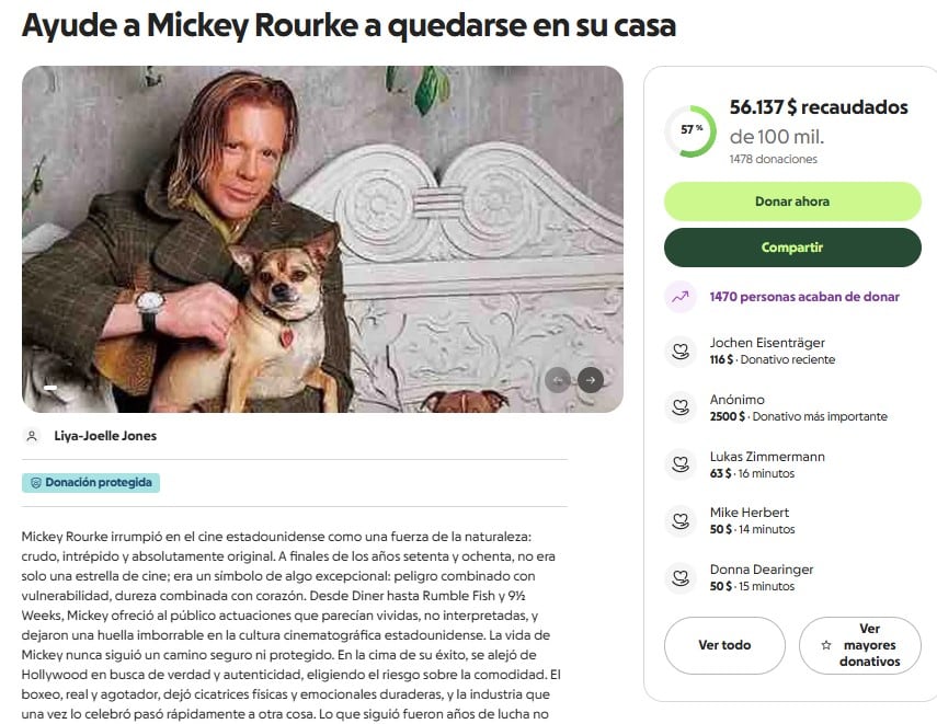 La colecta que busca sanear las finanzas de Mickey Rourke