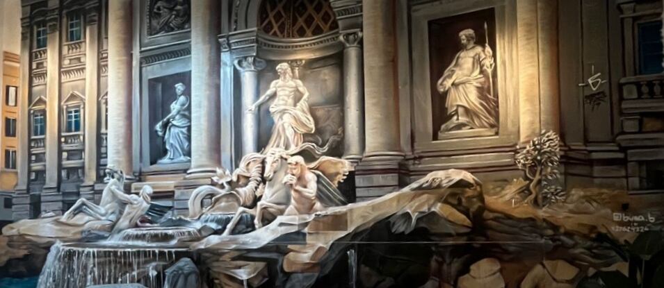 El mural de la Fontana di Trevi da la bienvenida a los clientes de Colmegna