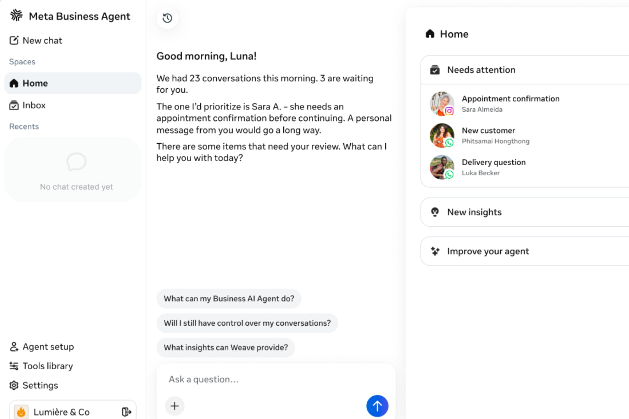 Meta anuncia su agente de IA para transformar para siempre el uso de WhatsApp, Instagram y Messenger 7 Así es dashboard del Meta Business Agent, donde los comercios o creadores podrán gestionar y controlar las consultas