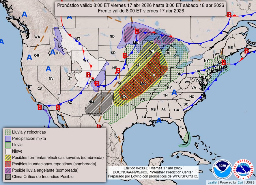Se pronostican tormentas eléctricas severas, tornados y granizo de gran tamaño en el Medio Oeste y las llanuras centrales, junto con un riesgo significativo de inundaciones repentinas debido a lluvias intensas