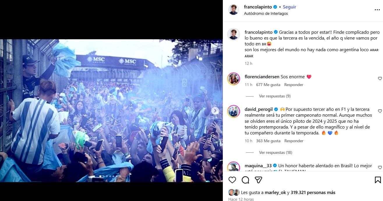 Colapinto agradeció el apoyo de los fanáticos en Brasil