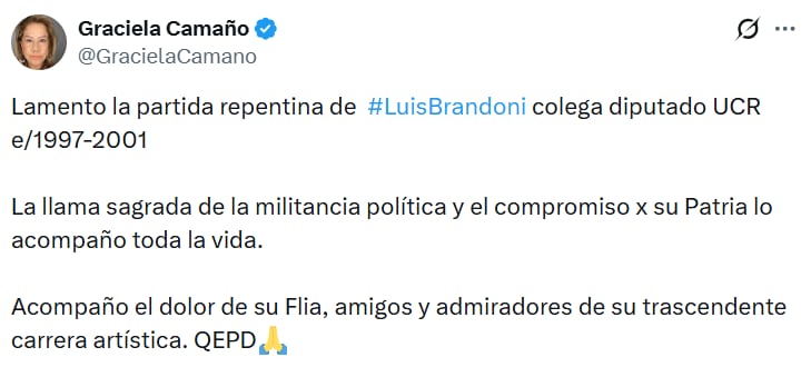 Murió Luis Brandoni: la despedida, reacciones en redes y el último adiós en la Legislatura 9 El posteo de Camaño