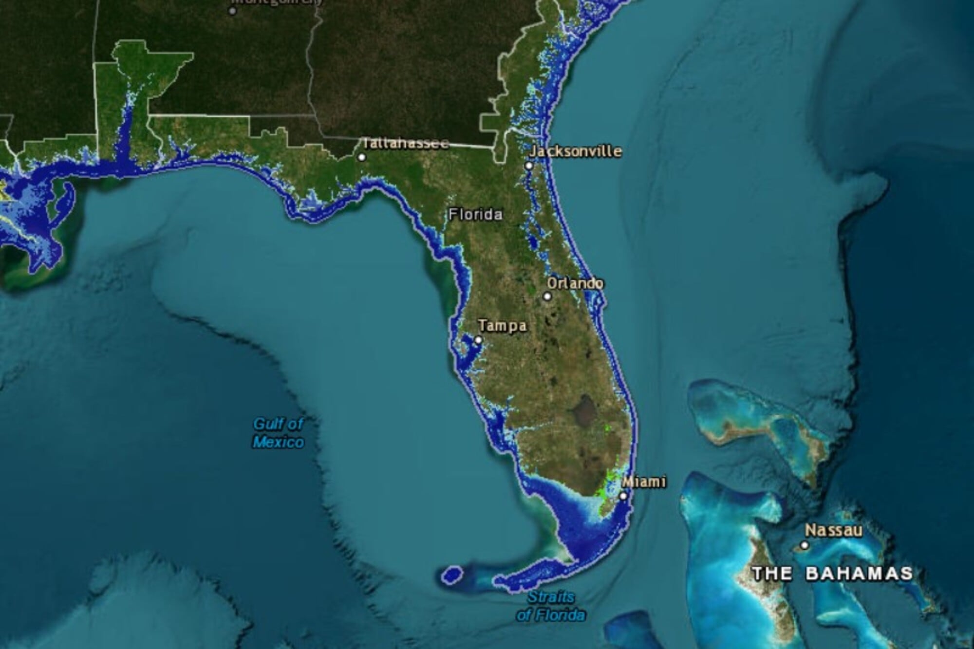 El mapa interactivo de NOAA permite ver cómo afectarían distintas proyecciones de aumento del nivel del mar en las ciudades costeras de Florida