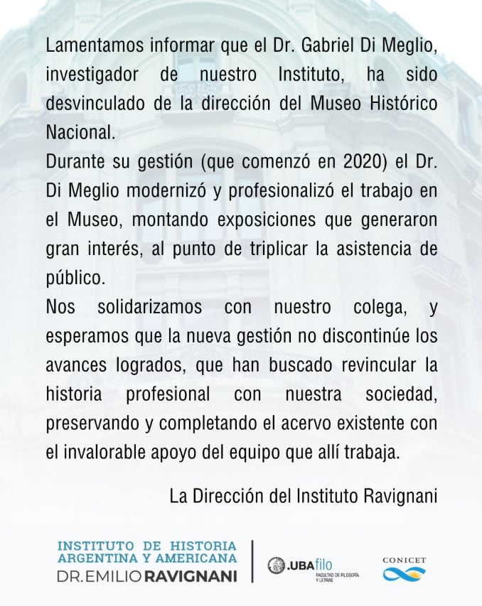 El Instituto Ravignani emitió un comunicado y criticó la decisión del Gobierno