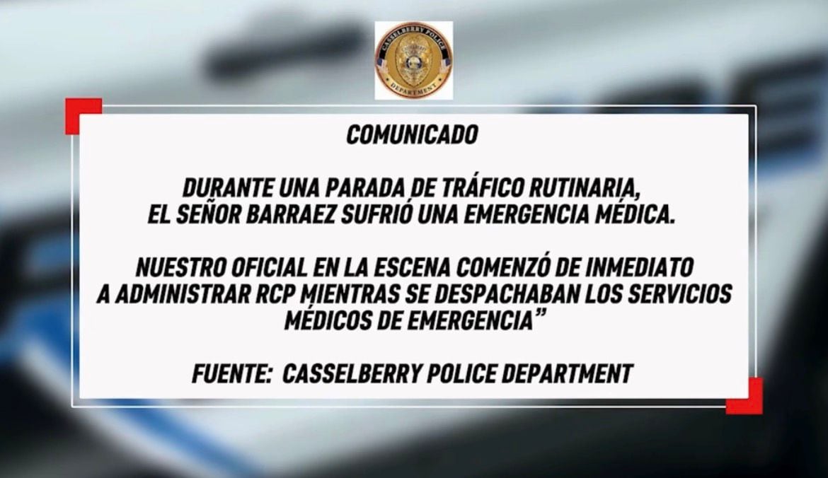 El Departamento de Policía de Casselberry comunicó que el hombre sufrió una emergencia médica y el oficial en la escena le practicó RCP
