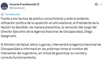 El Gobierno atribuyó la remoción a la
