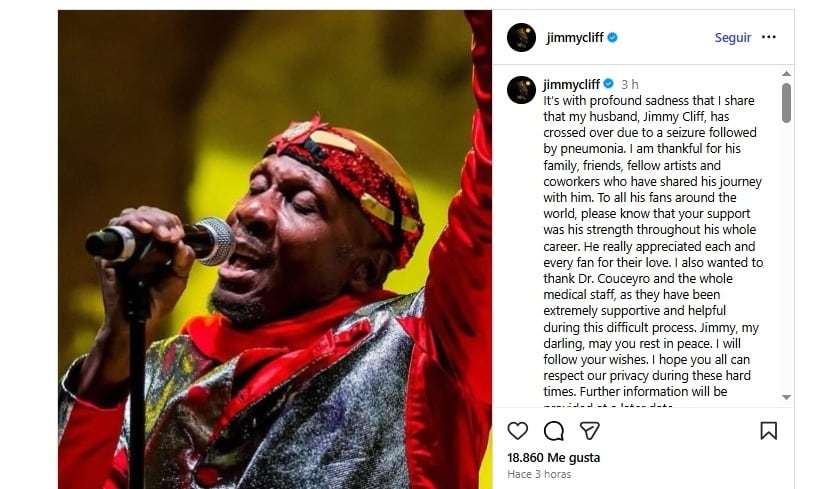 El posteo que realizó Latifa Chambers, la mujer de Jimmy Cliff