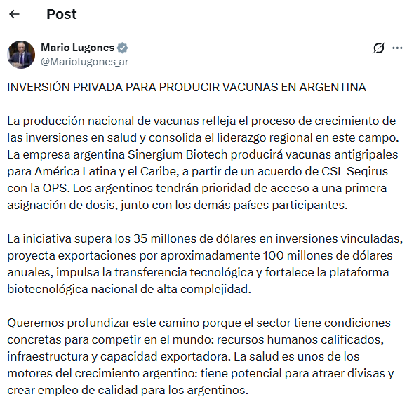 El posteo de Mario Lugones en X