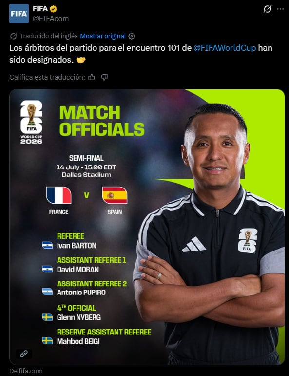 Barton fue designado como el árbitro para el cruce entre Francia y España en Dallas