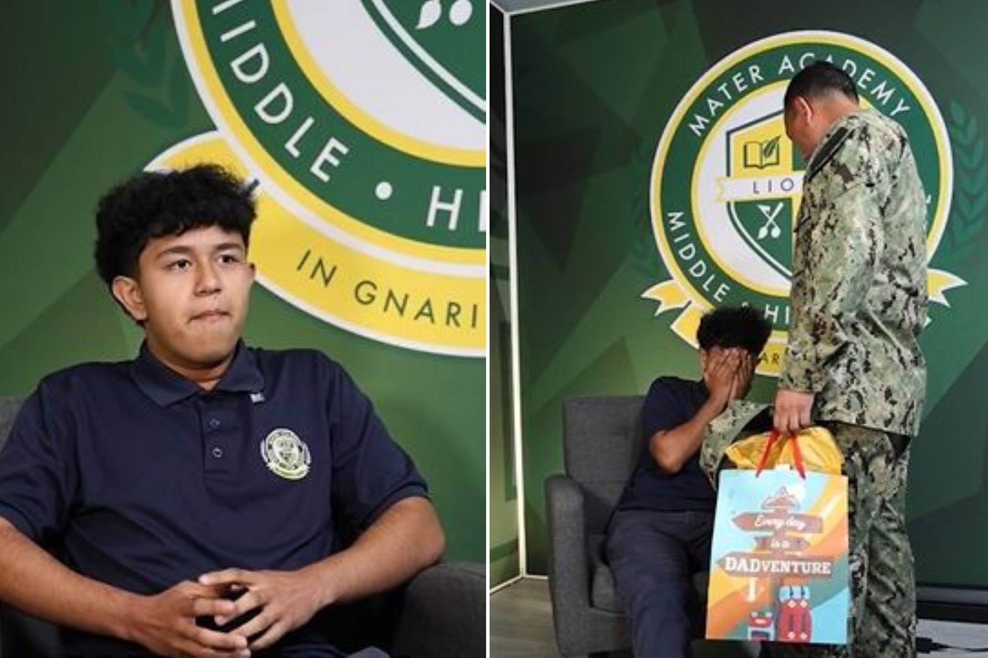 La emoción de un joven latino en Florida sorprendido por su padre militar al que no veía hace varios meses