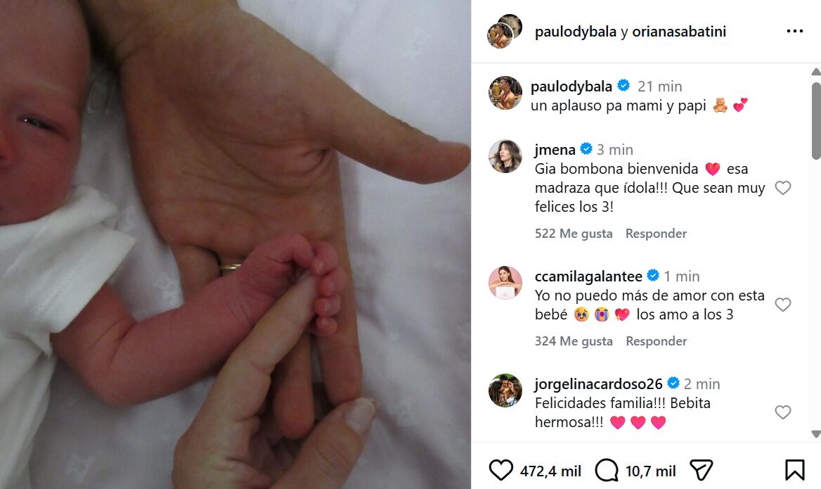 El tierno posteo de Oriana Sabatini y Paulo Dybala con el rostro de Gia