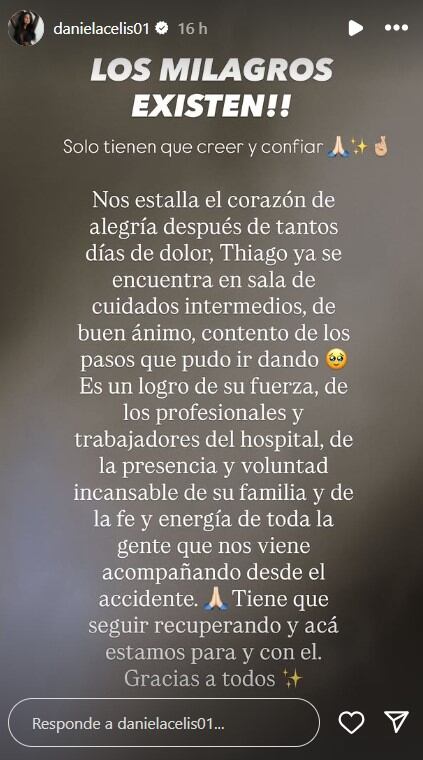 Daniela Celis confirmó la favorable evolución de Thiago Medina