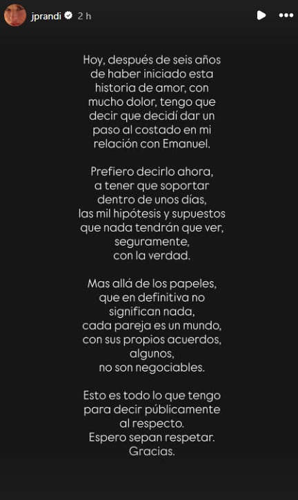 El comunicado que publicó Julieta Prandi