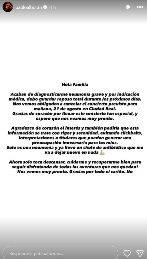 El mensaje que publicó Pablo Alborán y sorprendió a todos (Foto: Captura INstagram/@pabloalboran)