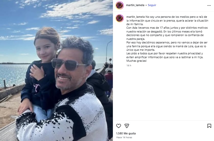 El posteo de Instagram con el que Martín Lamela confirmó su separación de Adabel Guerrero