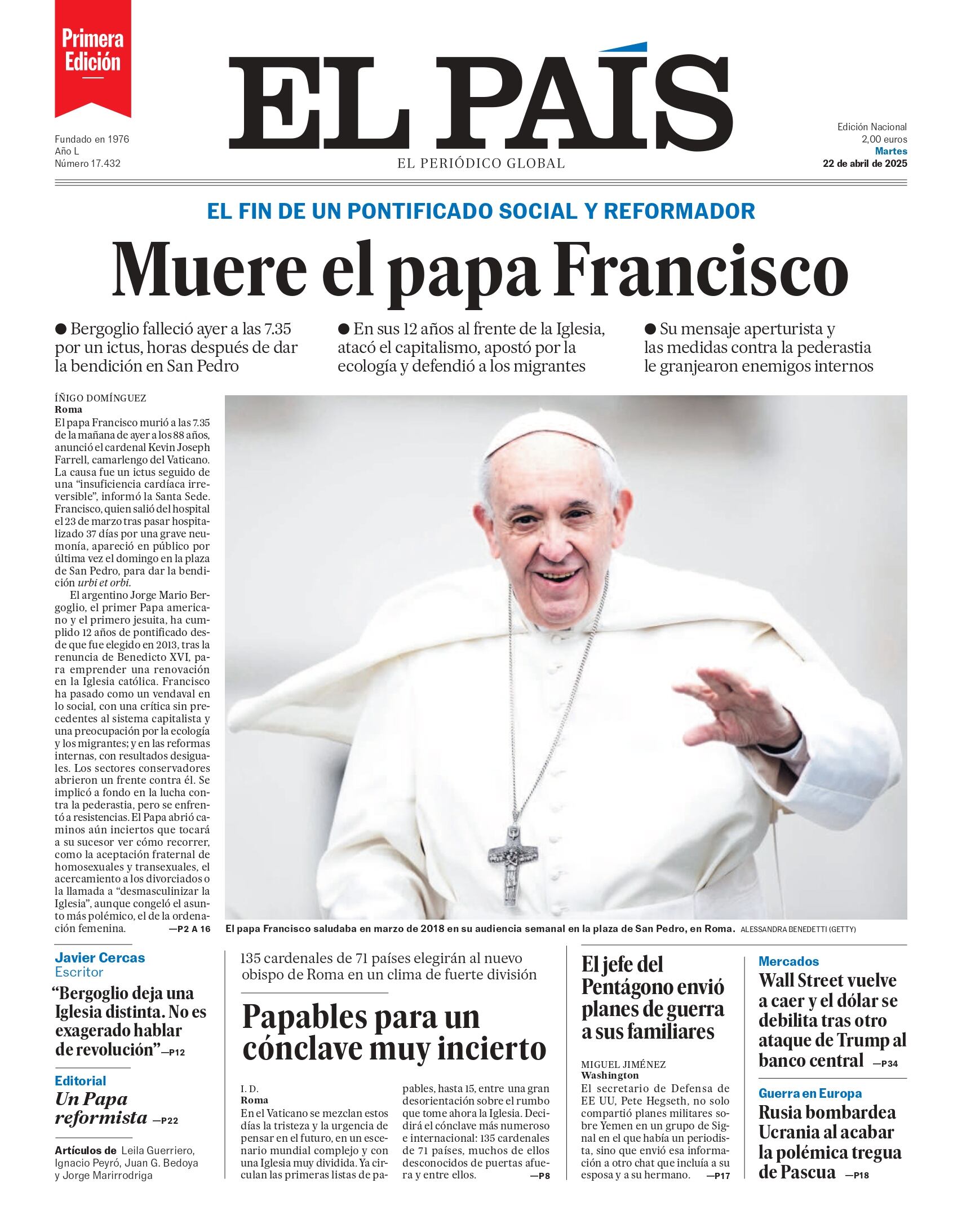 Portada de El País sobre la muerte del papa Francisco