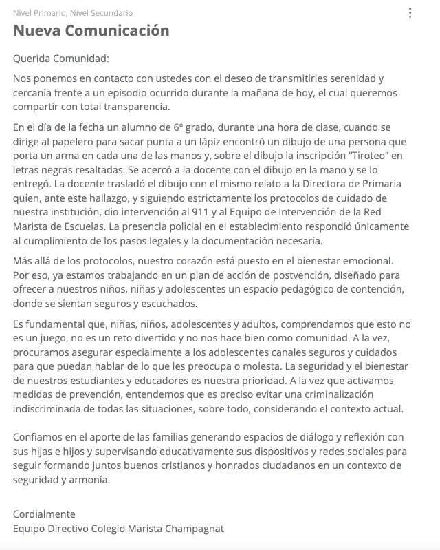 El comunicado del colegio Champagnat