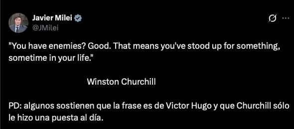 Javier Milei y sus medidas, en vivo: movimientos en el oficialismo y reactivación de la agenda parlamentaria 14 El posteo de Javier Milei, donde citó a Winston Churchill