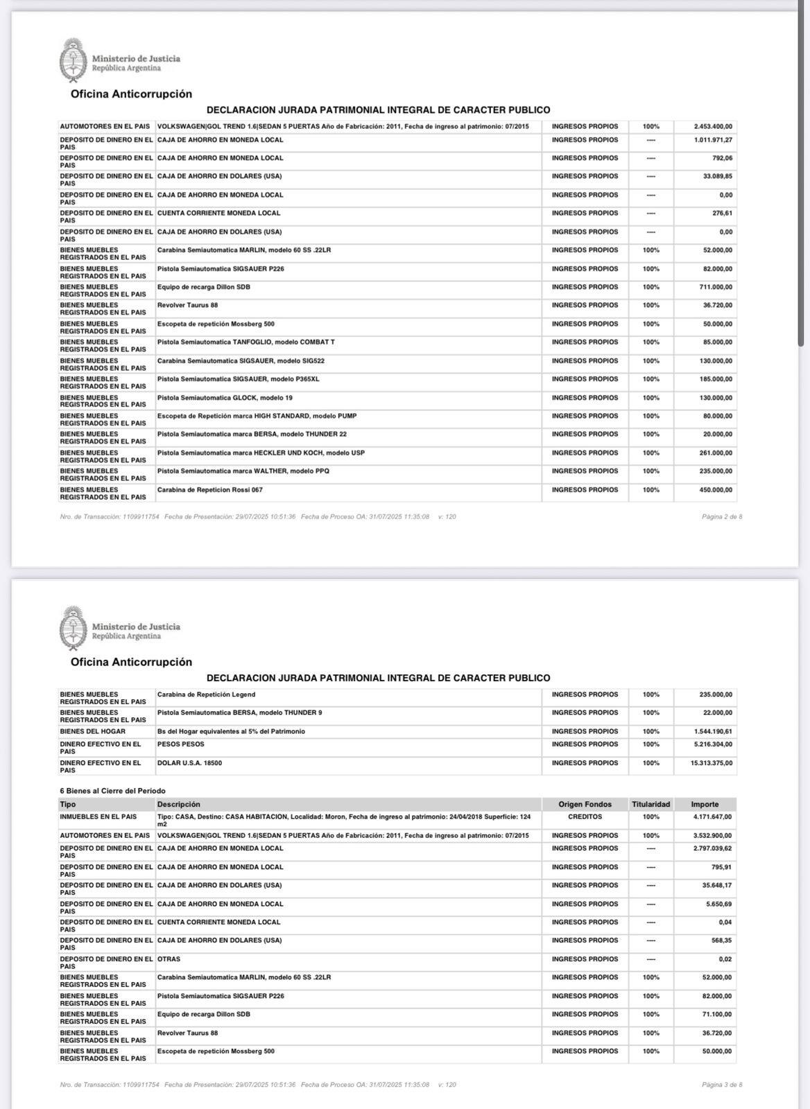 Las armas declaradas por Cordero Fabbri ante la OA